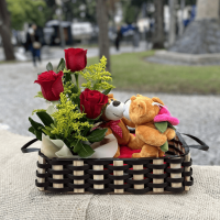 A27- Arranjo 3 Rosas Pelúcia Namorados
